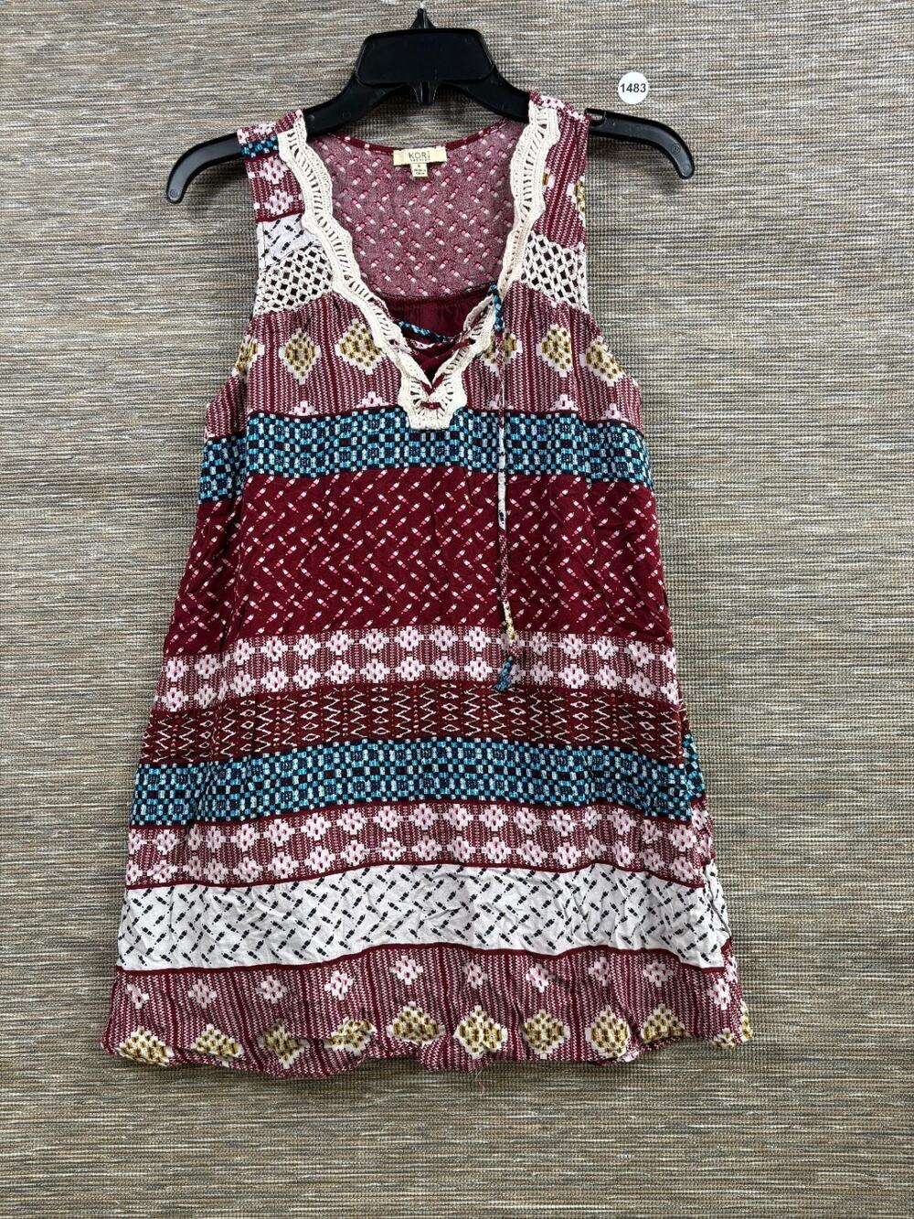 Kori America Boho Mixed Print Tunic Tank Top Women's Size S Burgundy Crochet